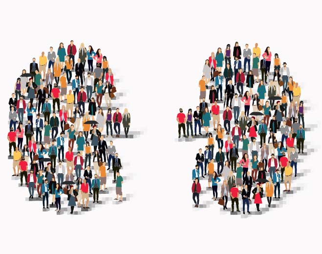 people standing in the shape of two kidneys